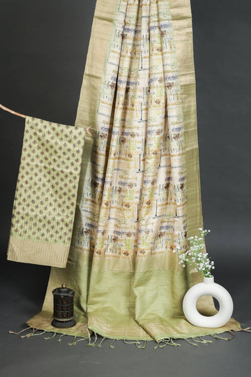 Lemon in Green Chapa Handloom Tussar Saree C3 Geetha Creation